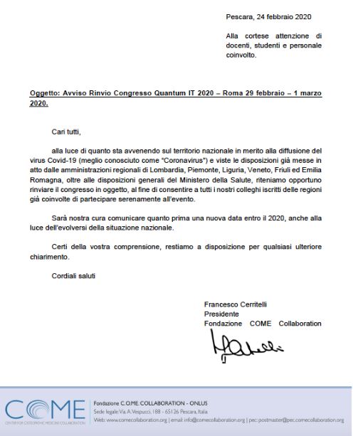 Avviso Rinvio Congresso QUANTUM IT 2020: Roma 29 febbraio – 1 marzo 2020