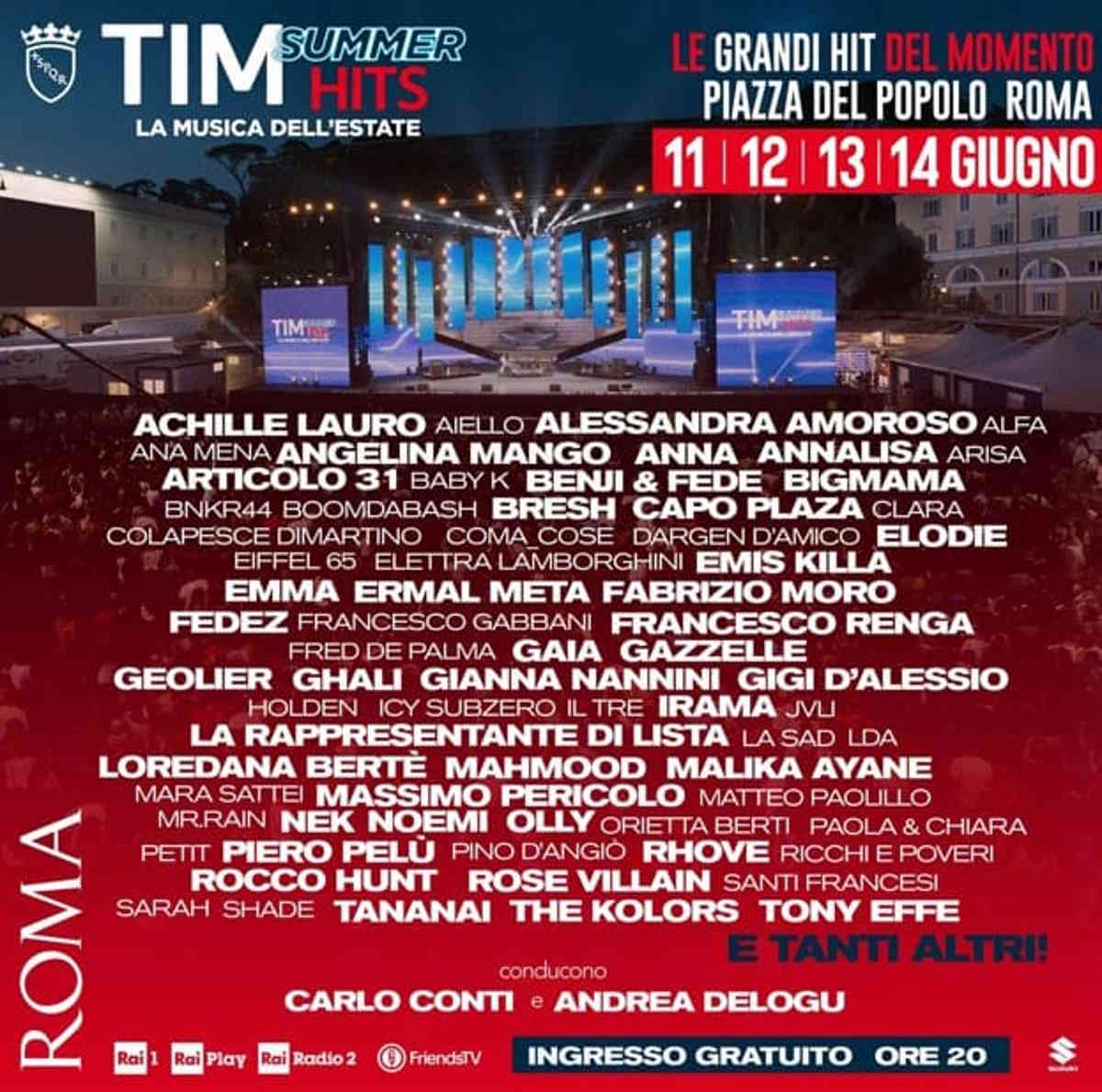 Tim Summer Hits: la prima parte del cast della kermesse, con Carlo Conti e Andrea Delogu | 11 - 14 giugno, Piazza Del Popolo, Roma