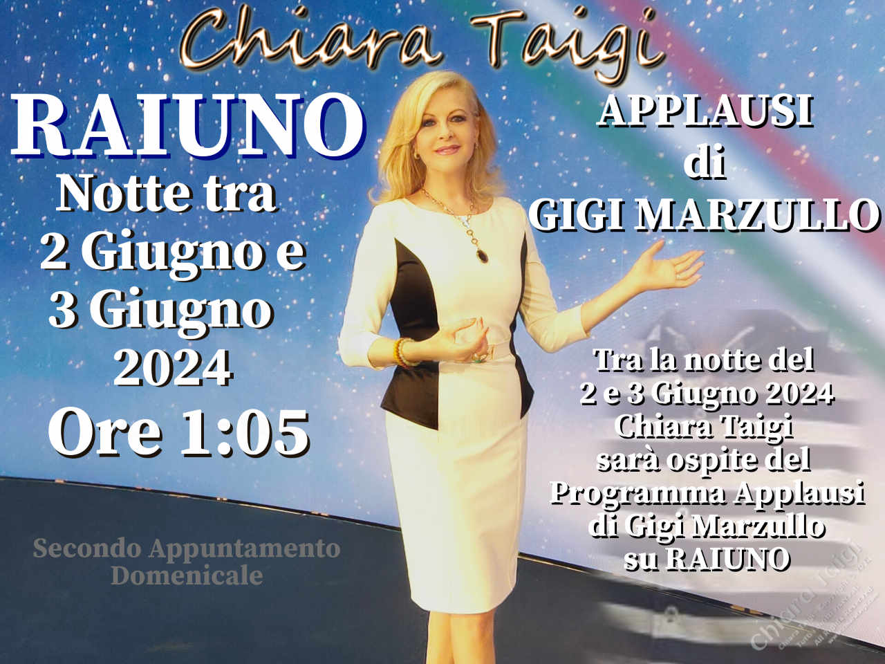 CHIARA TAIGI - Domenica 2 Giugno 2024 ore 1:05 su RAIUNO - Programma Applausi di Gigi Marzullo - Festa della Repubblica Italiana - Doppio Appuntamento Opera Lirica in RAI!