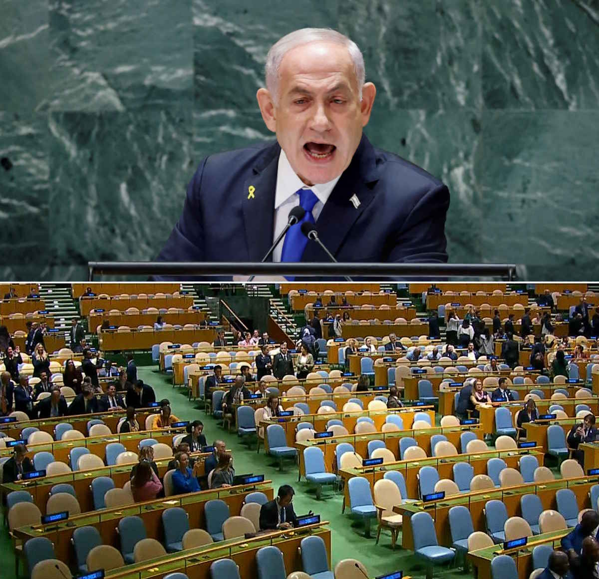 Netanyahu, il sanguinario, ha parlato all'ONU per minacciare chiunque pretenda di contrastare i crimini dello Stato ebraico