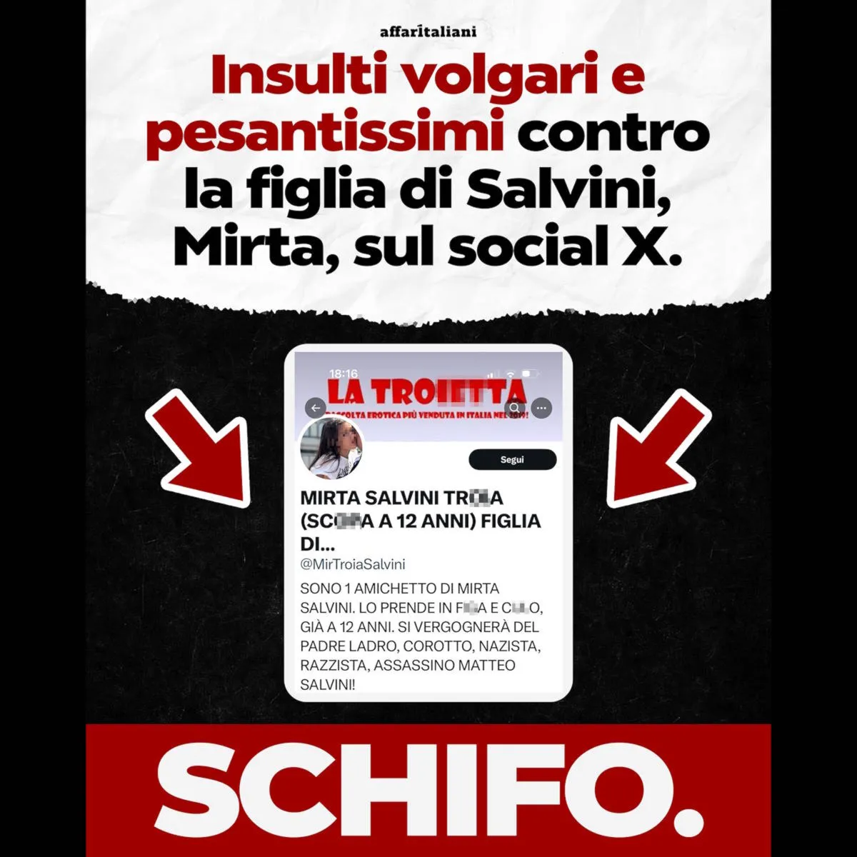 Salvini ha voluto far saper che sua figlia non è meno vittima della figlia di Meloni